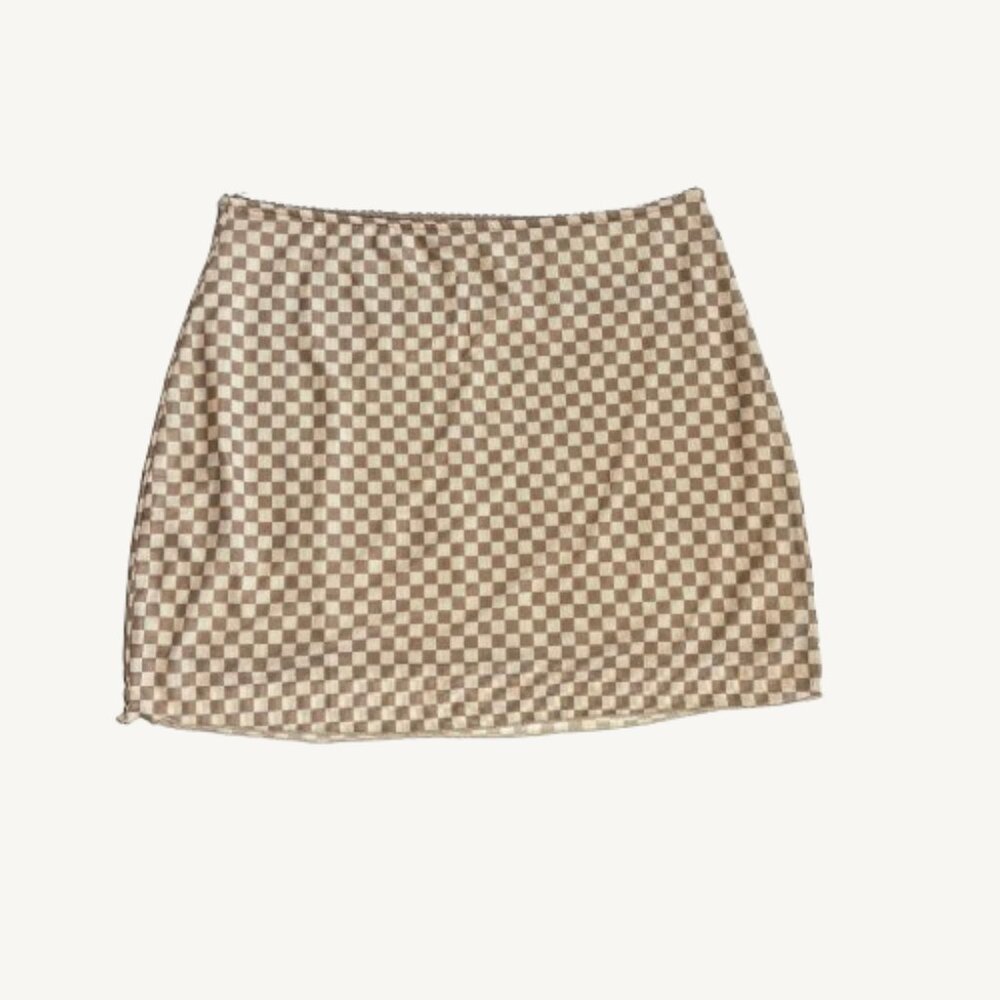 STR Mesh Stretchy Checkered Print Double Layered Mini Skirt Size Medium